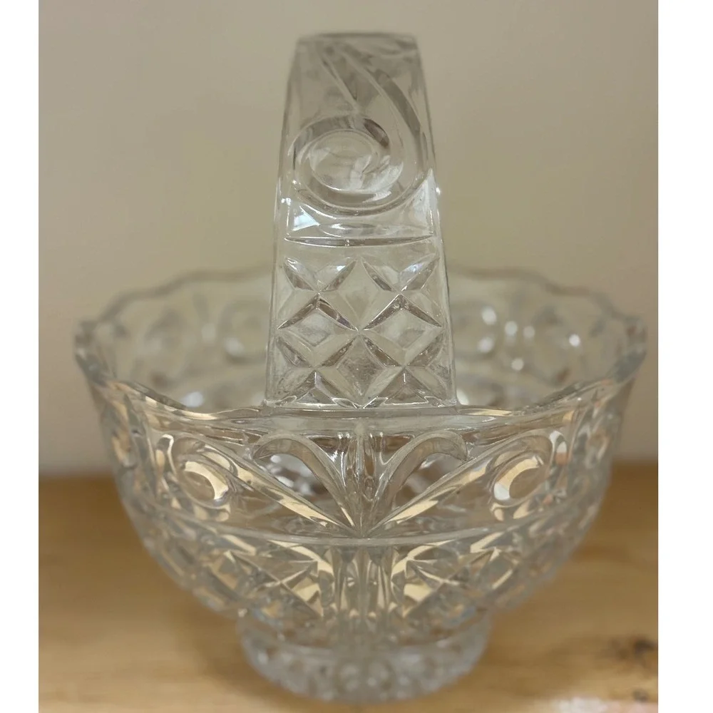 Vintage Crystal Glass Basket‎ Candy Dish Fruit Bowl with Handle for Home Decor